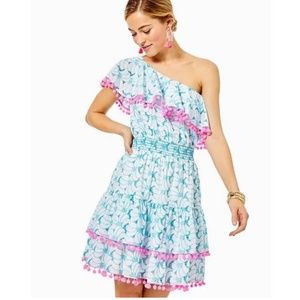 EUC!!! LILLY ADDILYN BERMUDA BLUE SWIRL ONE SHOULDER EYELET DRESS!!! MEDIUM!!!
